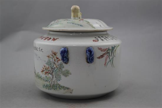 A Chinese enamelled porcelain cylindrical kamcheng and cover, 19cm